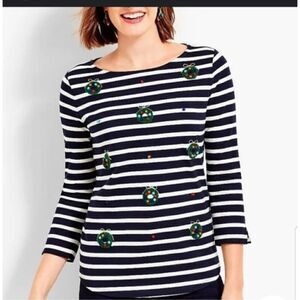 Talbots Christmas wreath pompoms striped long sleeve LP
